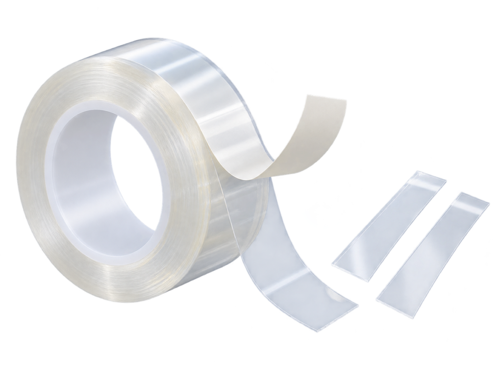 Clear PET double-sided tape roll with a peeled release liner and two transparent strips