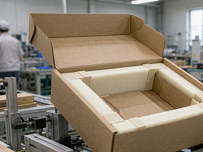 Double sided EVA foam tape cushion insert fixing inside a shipping carton